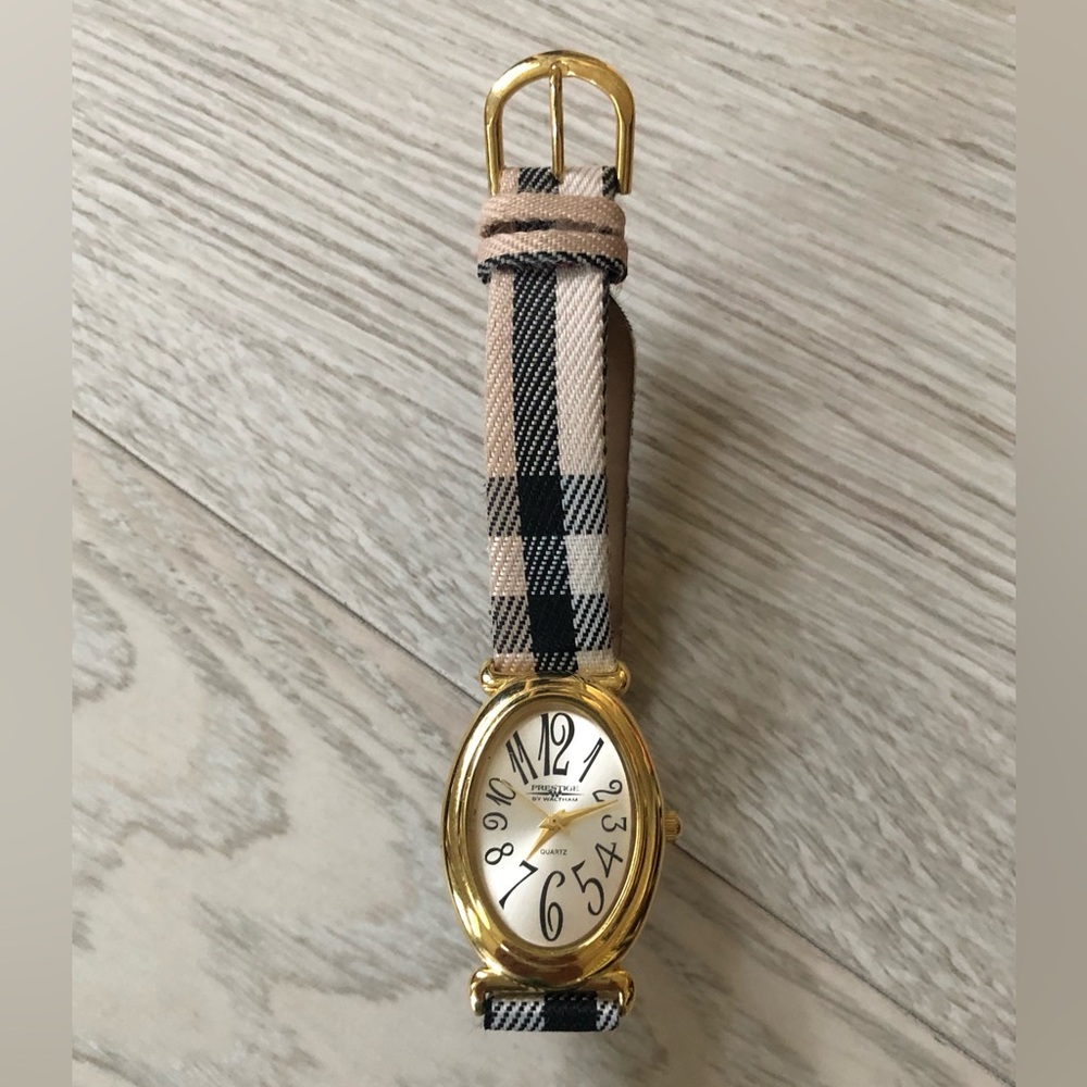 Vintage Prestige by Waltham Plaid Band Quartz Golden Watch